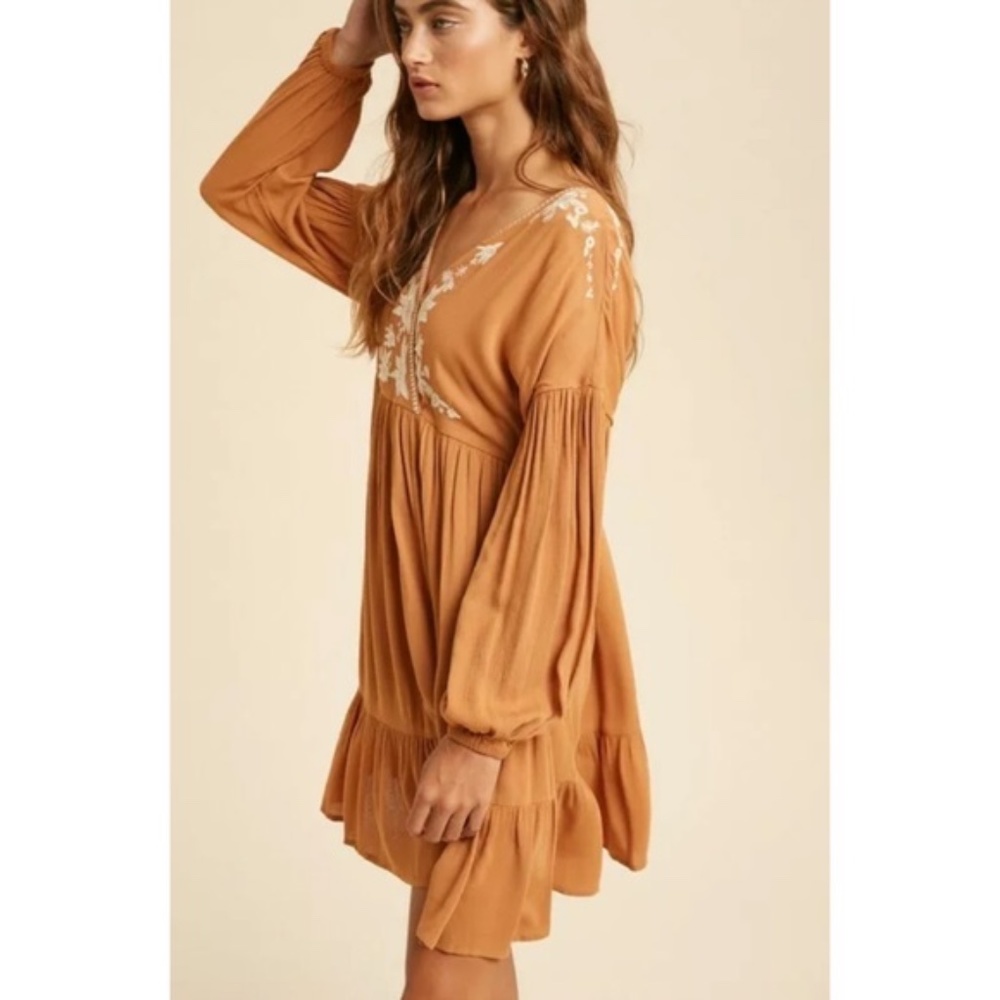 Earthen Embroidered Floral Ruffle Wrap Mini Dress - Picture 4 of 9